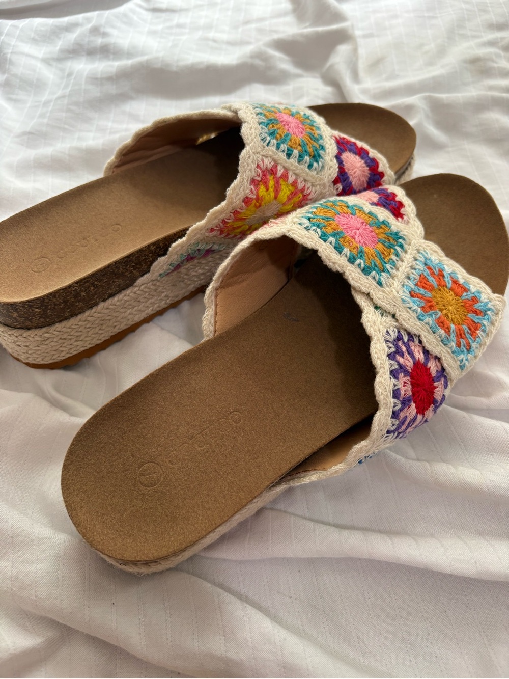 Cream Crochet Slide Sandals with Multicolor Accents